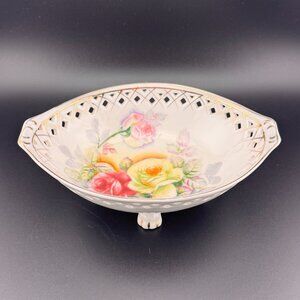 Vintage Kalk Pierced Footed Oval Bowl Porcelain Crossed Arrows Mark Roses German